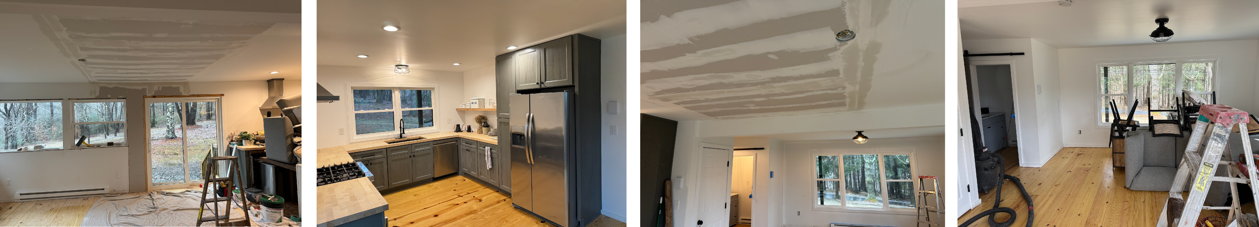 Apartment drywall preparation, ceiling taping and compound work, sanding, and finished interior spaces